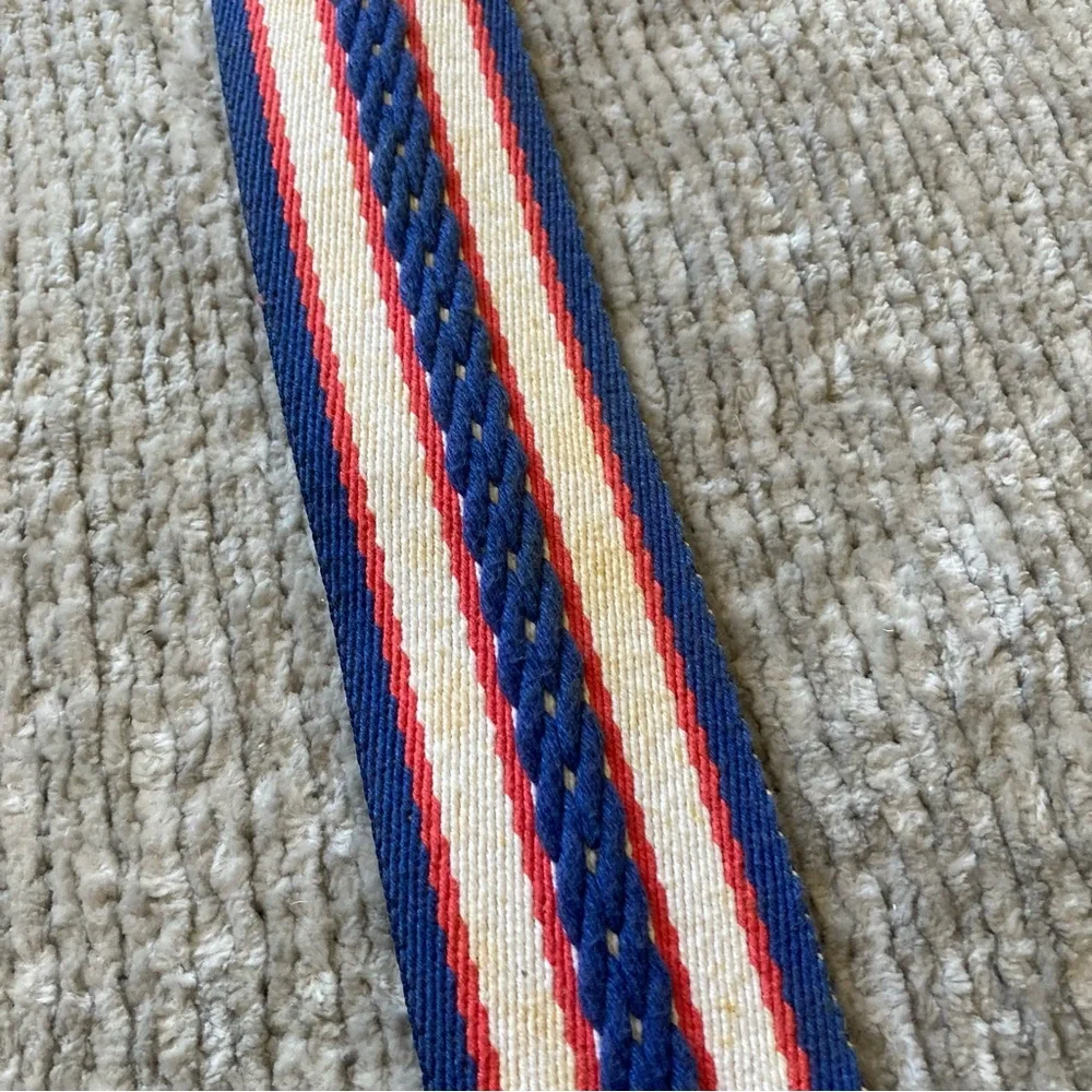 Eddie Bauer Stripe Canvas Leather Belt‎ Large Vintage Americana Red White Blue